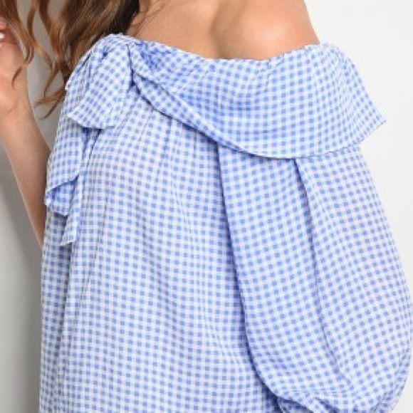 Blue Checker Bow Off Shoulder Top - Picture 5 of 8